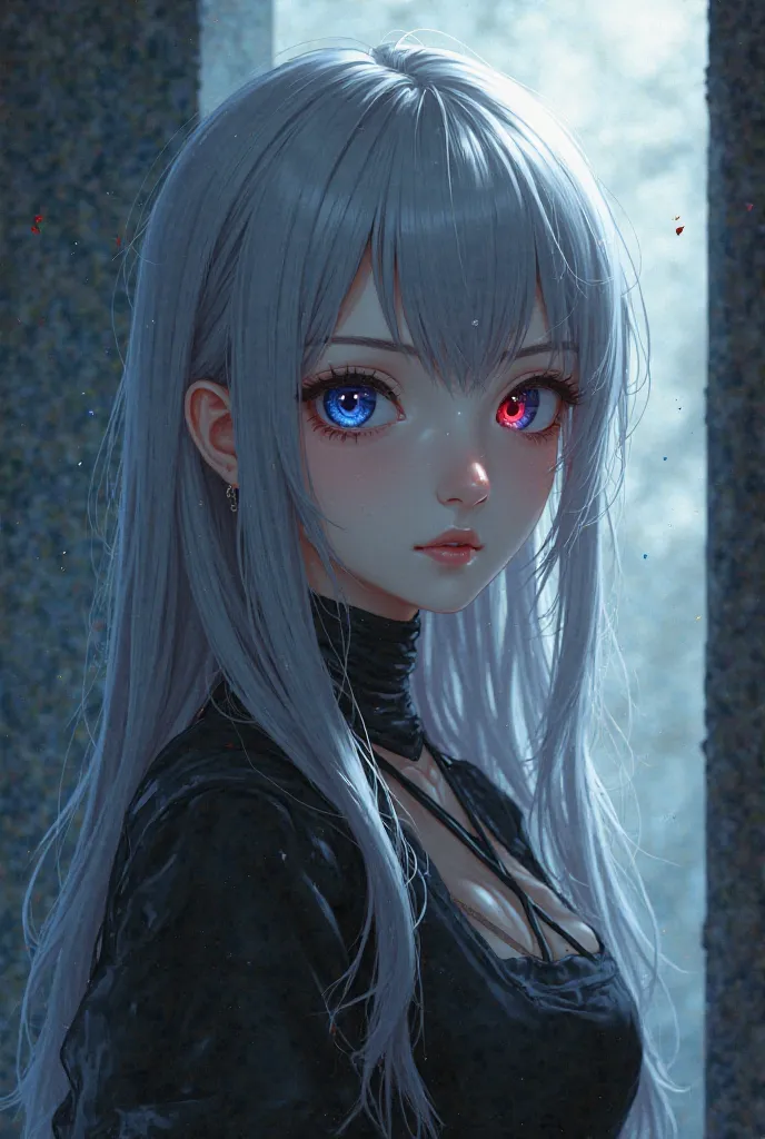 Shady anime girl with silver hair one blue eye and another red eye