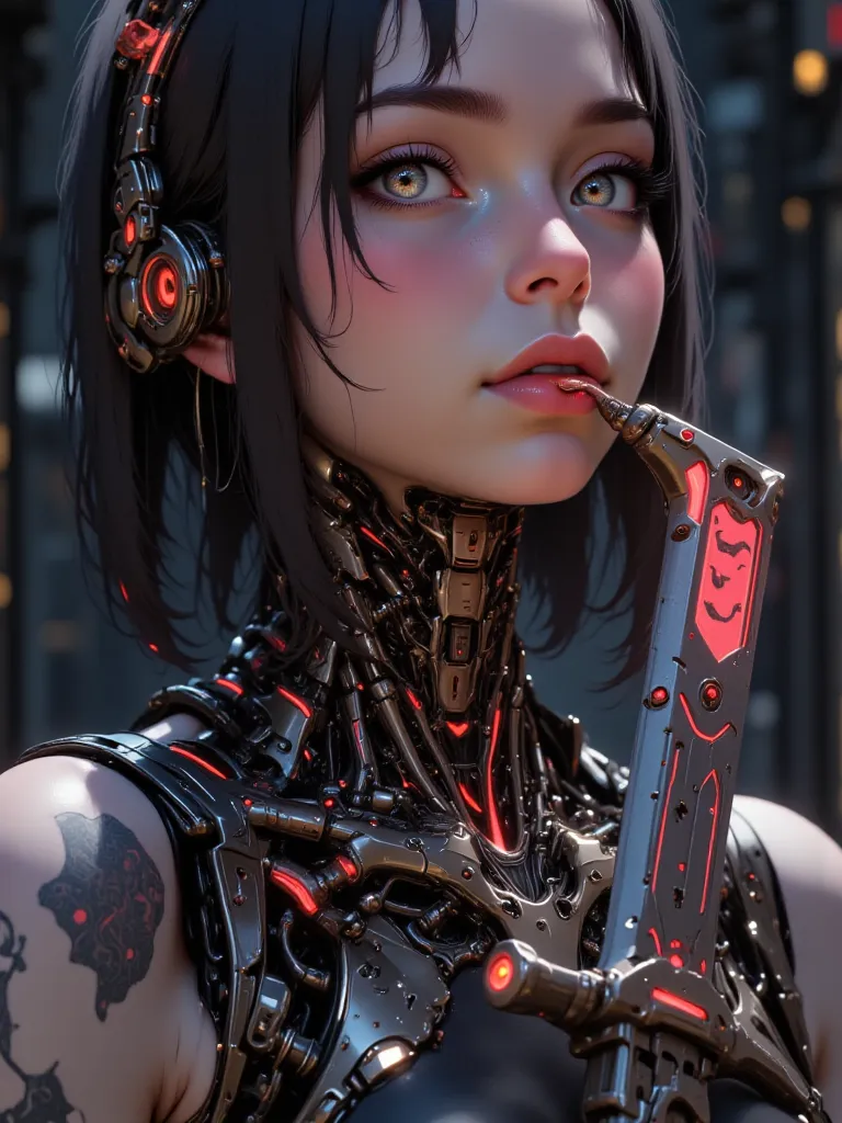 Beautiful Girl, Lip and Nose Piercing, Headphones, Full Body of Colorful Tattoos, Sleeveless T-shirt, Licking a Red Sword Full of Carvings.
random background
(masterpiece, best quality, Professional, perfect composition, very aesthetic, absurd, very detail...