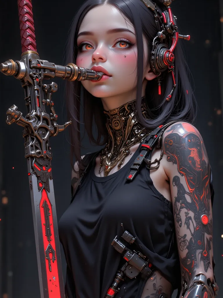 Beautiful Girl, Lip and Nose Piercing, Headphones, Full Body of Colorful Tattoos, Sleeveless T-shirt, Licking a Red Sword Full of Carvings.
random background
(masterpiece, best quality, Professional, perfect composition, very aesthetic, absurd, very detail...