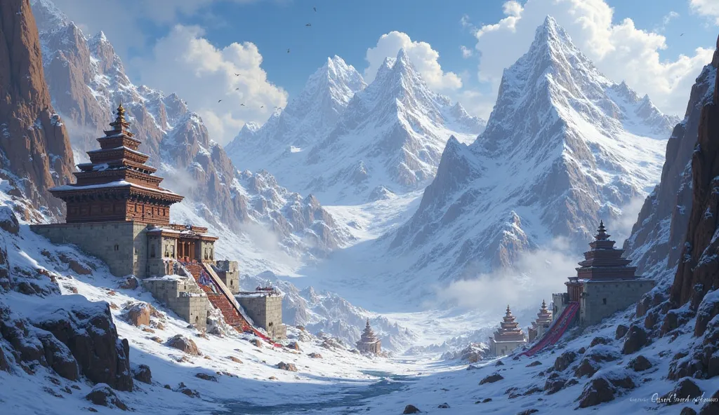 Scene 5 - Mountain Siege (Giri Raksha)
Visual Description for AI:
Towering snow-capped mountains, with narrow ancient paths lined by stone shrines of Shiva and Kali, draped in prayer flags fluttering in icy winds.