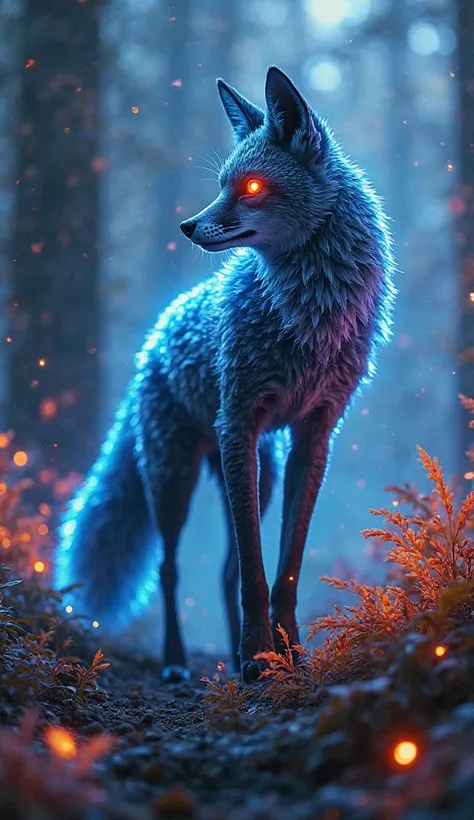 
"A futuristic, ultra-realistic image of an evolved fox species, now a sleek and agile predator perfectly adapted to its neon-lit cybernetic forest. Its fur has transformed into a dynamic, chameleon-like coat that shifts colors to match its surroundings. I...