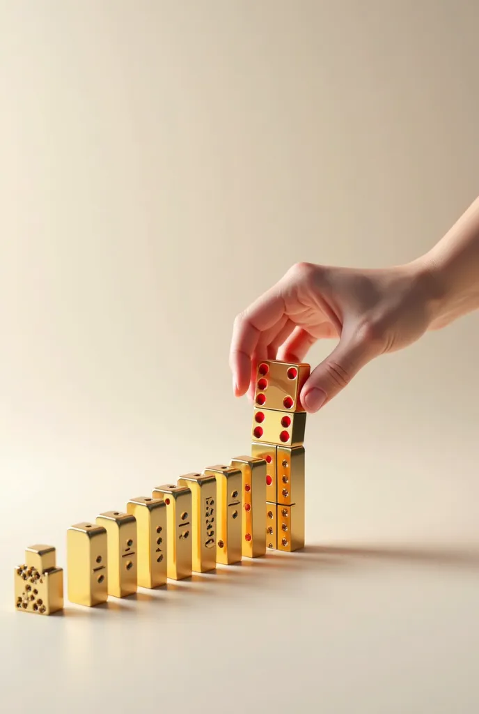 Une main posant une pièce de domino rouge sur une longue chaîne qui tombe en cascade, déclenchant des dominos dorés plus gros qui forment les mots “SUCÈS” et “IMPACT”.