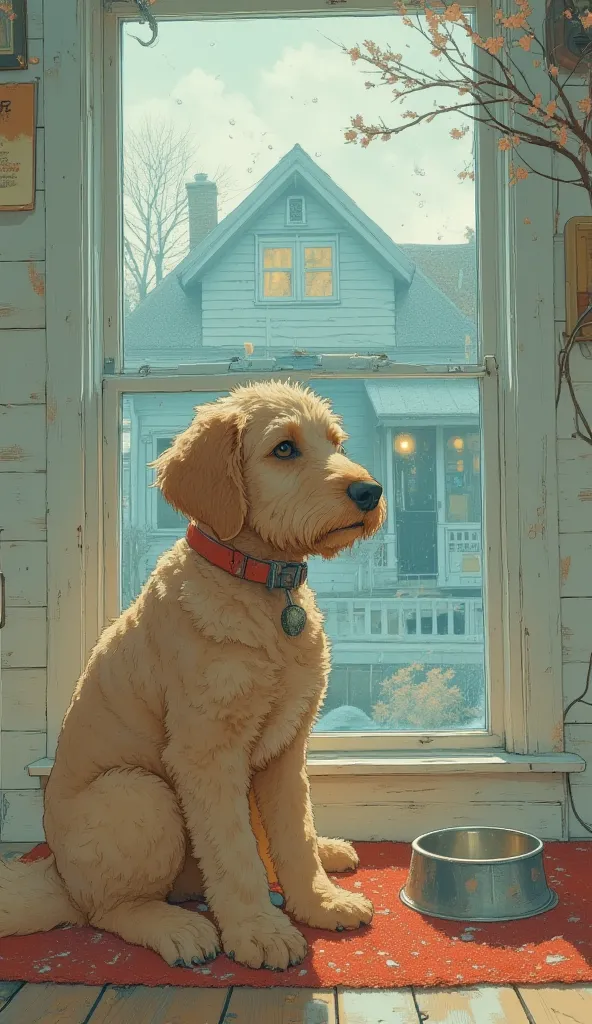 a goldendoodle, a dog with a fat body, brown fur and a red collar, he sits on a red carpet, in front of a window, looking outdoor, heavy rain outside the window, a simple wooden house exterior, white wooden walls and brown wooden floors, next to the dog th...