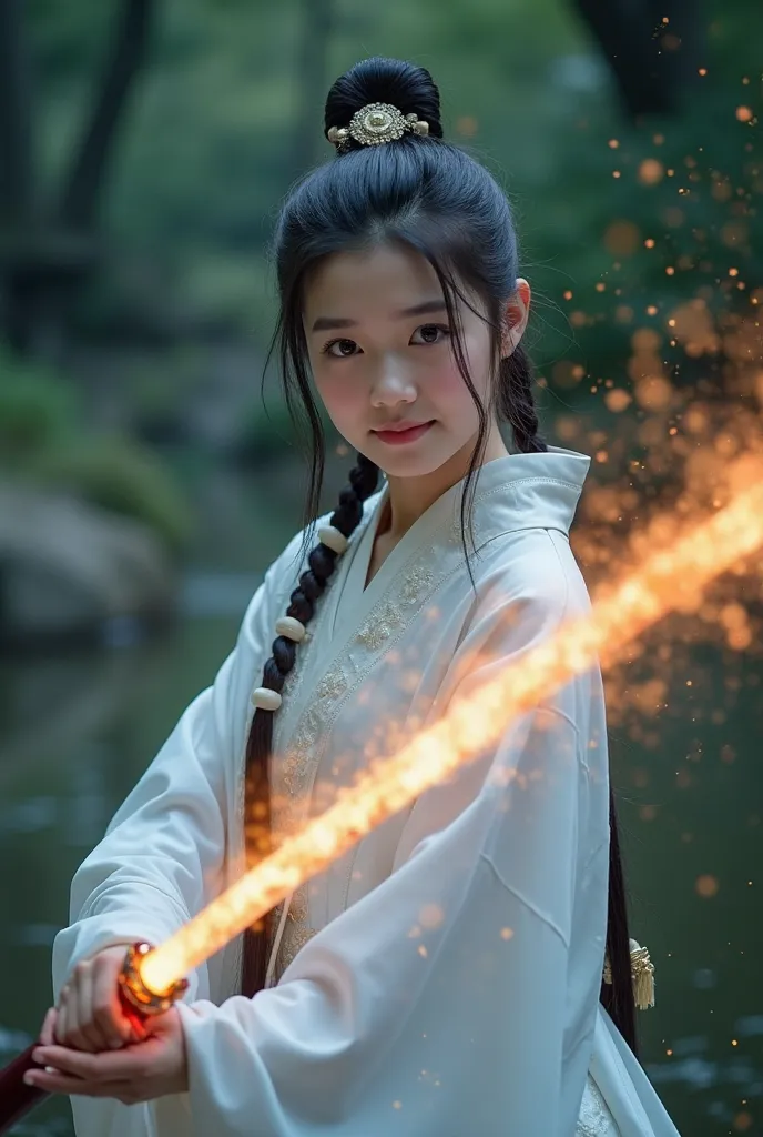 Full-bodied Chinese girl wearing a white hanfu, rambut hitam panjang, wearing beautiful beads on her head, depicting a fighting action style using a sword emitting light powder, night  photography  picture, di belakang gadis itu ada lingkaran jejak cahaya ...