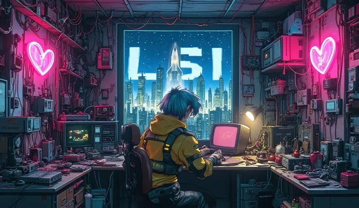 A cyberpunk world in 2300 AD.
A room in an old apartment.
There is a repaired CRT TV.
Various analog electrical work tools.
The room is cluttered with electrical appliances and machine parts on the walls and floor, like a junk shop.
A heart-shaped neon lig...