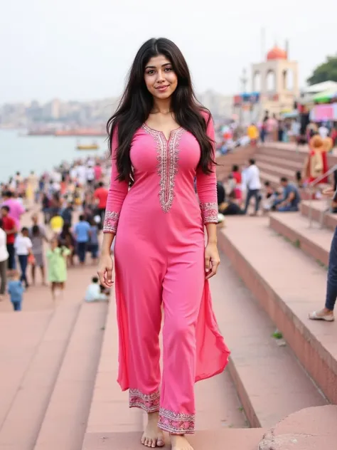 ((sfw)), high quality, beautiful and tender gothed , long messy black brown hair , small nipple poking, wearing ethnic pink kurta, small nipples poke, standing on the steps of mahakumbh ghats, bare foot,  background: full view of ghats of mahakumbh, wide a...