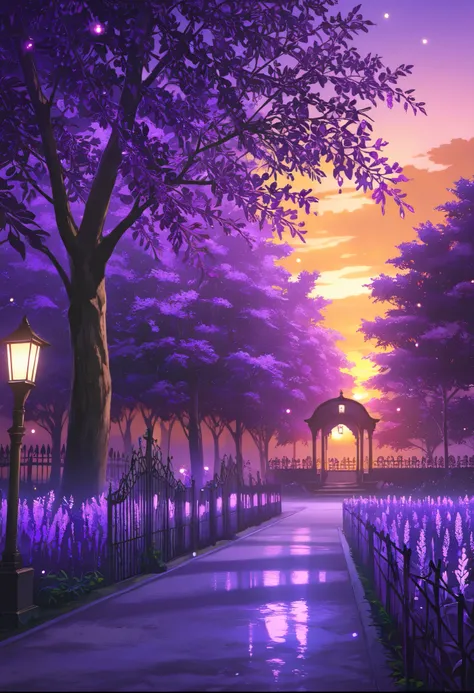 masterpiece, best quality, amazing quality, stunning masterpiece of tall purple weeds, purple water swamp, purple flowers, fireflies, canopy of purple willow trees, purple mossy gate, purple vines, vine wrapped fence, lamp post, illustration,  sunset, ceme...