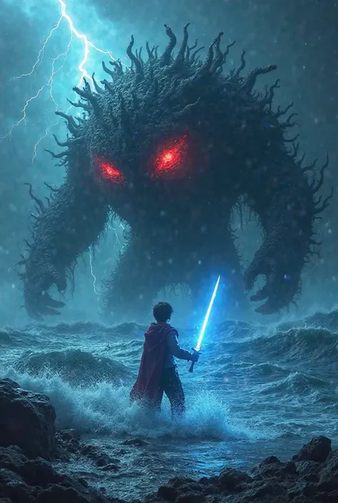 A brave young boy, determined and strong, battles a massive, monstrous cancer cell in the middle of a vast, stormy ocean. The cancer takes the shape of a dark, shadowy creature with glowing red eyes, spreading through the water like a toxic cloud. The boy ...