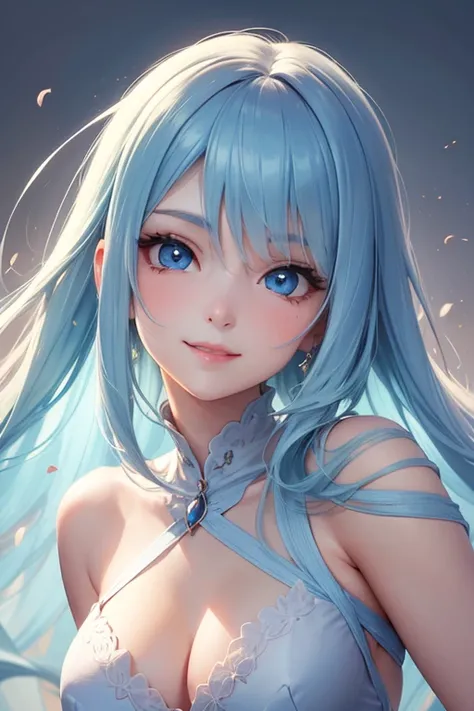 anime girl, beautiful face, beautiful light blue eyes, beautiful long light blue hair, looking at viewer, smile, princess style, fantasy background, (eye details), (face details), (body details), (masterpiece)