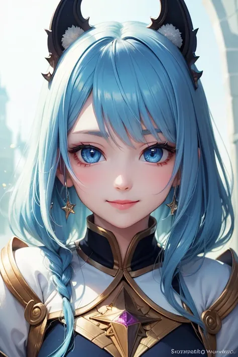 anime girl, beautiful face, beautiful light blue eyes, beautiful long light blue hair, looking at viewer, smile, princess style, fantasy background, (eye details), (face details), (body details), (masterpiece)