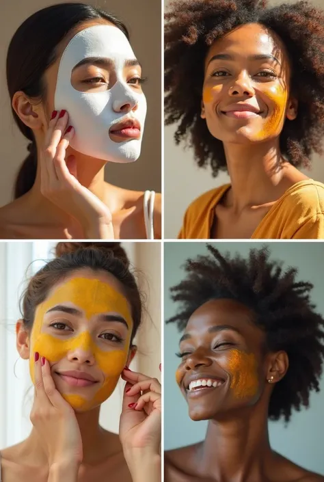 A multicultural collage of women from different backgrounds showcasing their skincare traditions. A Korean woman applying a sheet mask, a French woman using micellar water, an Indian woman preparing a turmeric face mask, and an African woman moisturizing h...