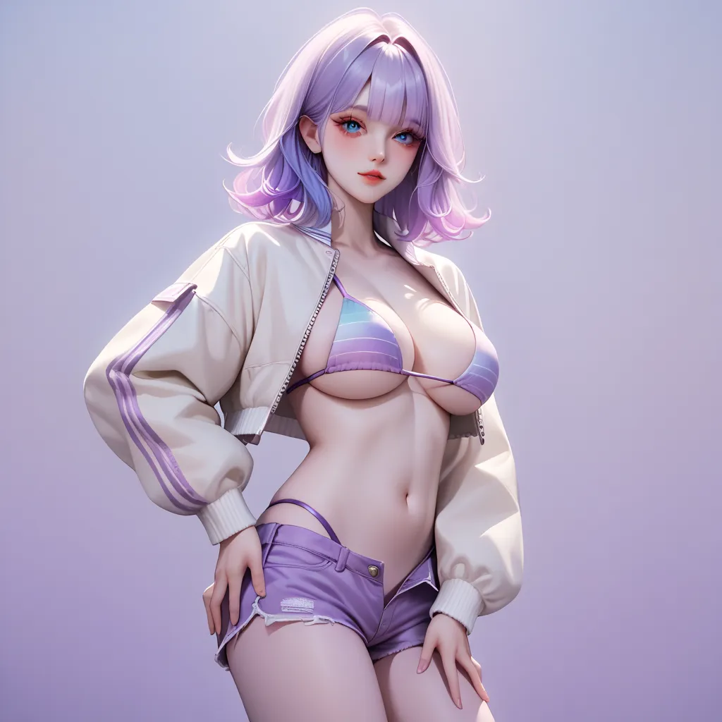 hand on own ass,(pastel red purple hair, gradient hair), top quality、 1 girl,, ( big breasts, Belly button exposed), (beautiful skin)), (明るい and beautiful blue eyes , ((ウルフ cut, medium hair )), (bomber jacket, bikini, daisy duke shorts, long boots) ,