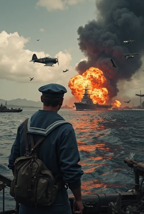 POV scene of an American sailor at Pearl Harbor, watching a Japanese Zero plane fire. In the background, the battleship USS Arizona is exploding in a huge fireball. The waters of the harbor are littered with wreckage and bodies. The sky is filled with blac...