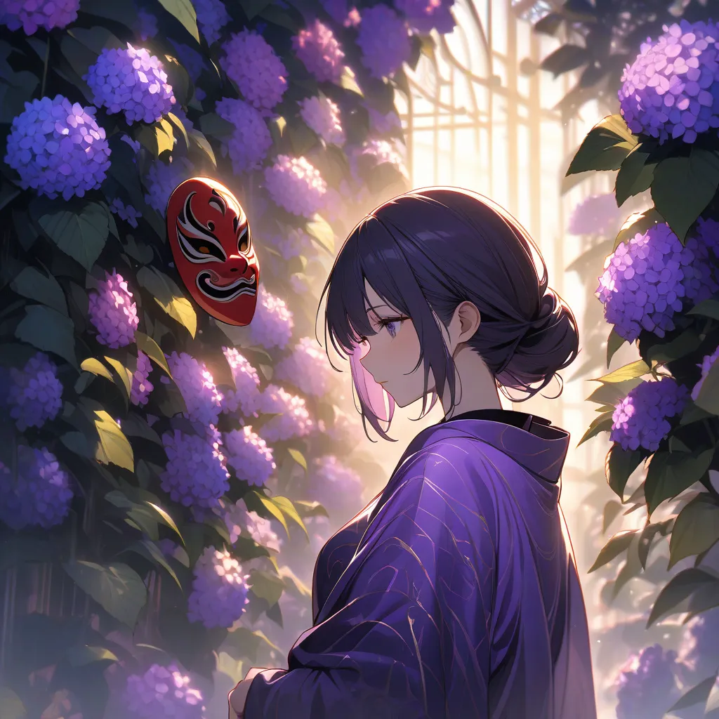 ((He is wearing a Yao Kai mask on his face)), fox, 1 girl, ((8k)), ((Hi-Res))、Purple Background、 kimono、Hydrangea