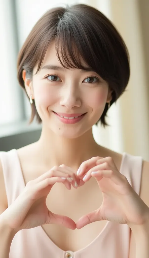 She wears a camisole, makes a heart shape with both hands, and poses in front of her chest, Close-up shot of winking and smiling