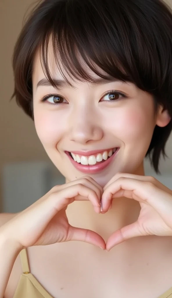 She wears a camisole, makes a heart shape with both hands, and poses in front of her chest, Close-up shot of winking and smiling