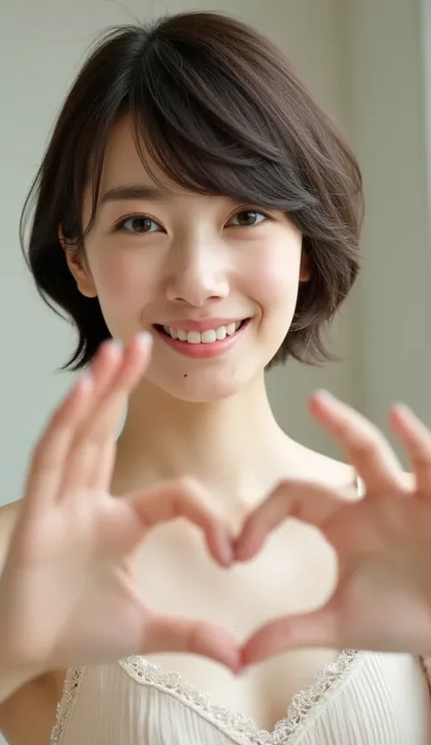 She wears a camisole, makes a heart shape with both hands, and poses in front of her chest, Close-up shot of winking and smiling