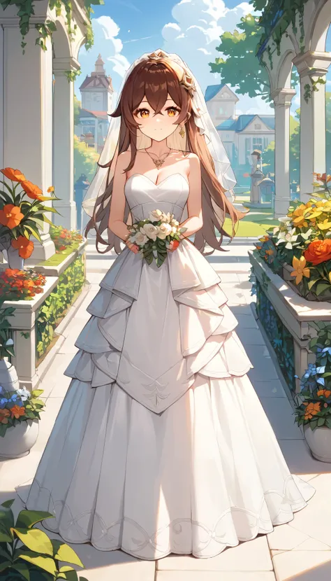 score_9, score_8_up, score_7_up,source_anime, high res image,masterpiece,best quality,girl,cute face,clear skin,amber_genshin, garden, wedding dress, jewelry, necklace