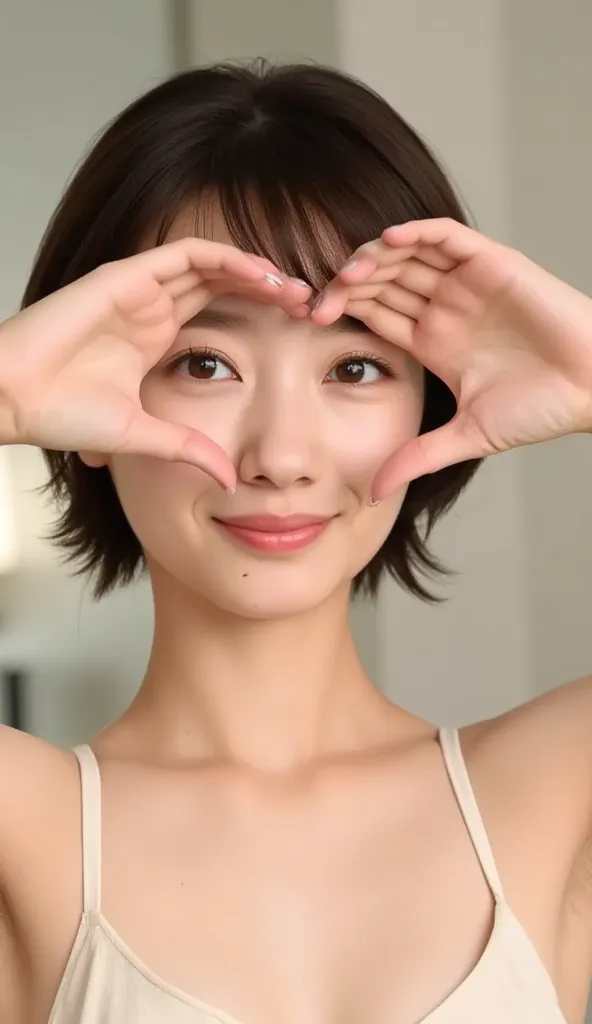 She wears a camisole, makes a heart shape with both hands, and poses in front of her chest, Close-up shot of winking and smiling