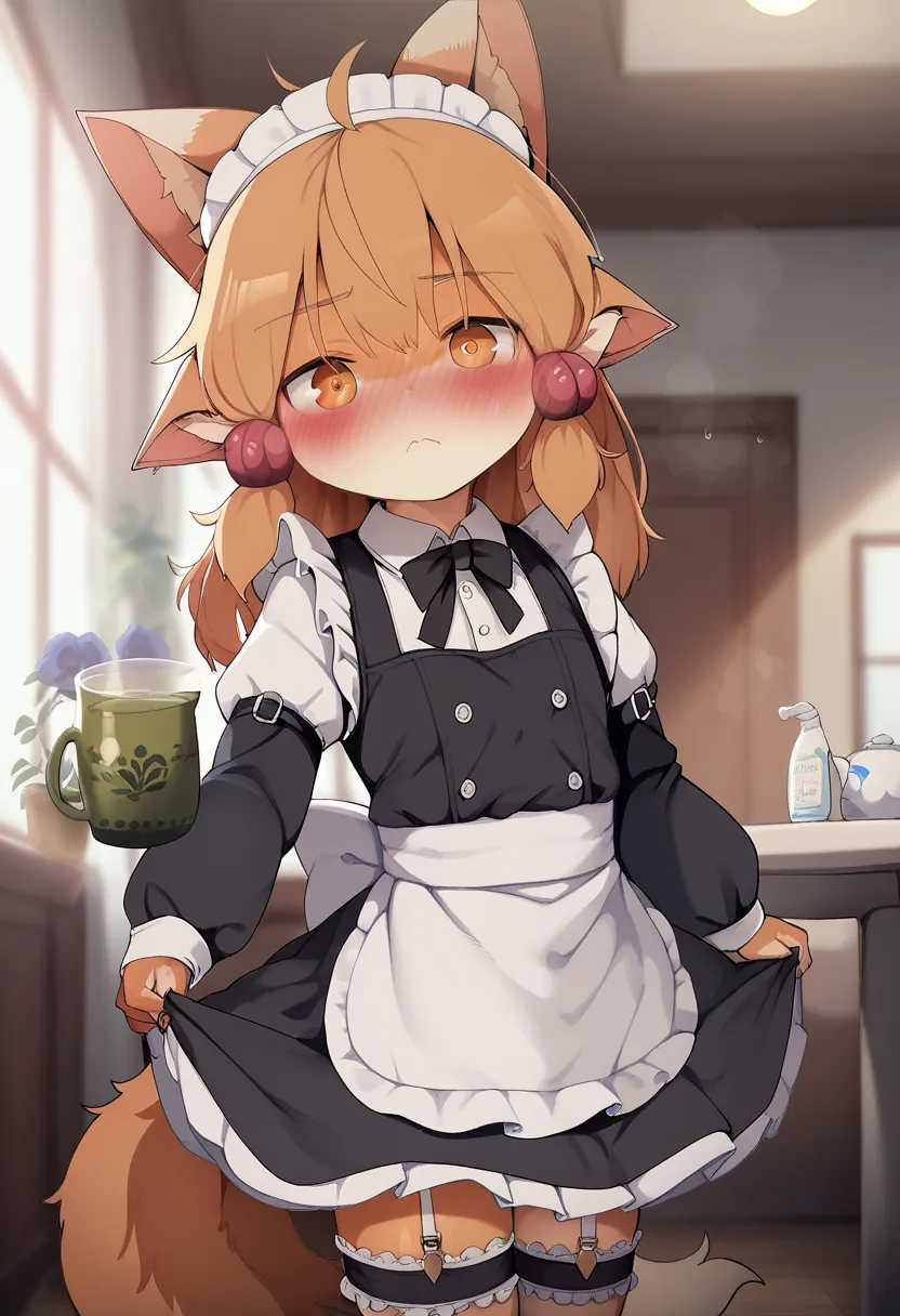 One person、maid clothes、Show the inside of the skirt 、garter belt、 tea bags、makes your face blush、Fox Ears、 Puffy Pants 