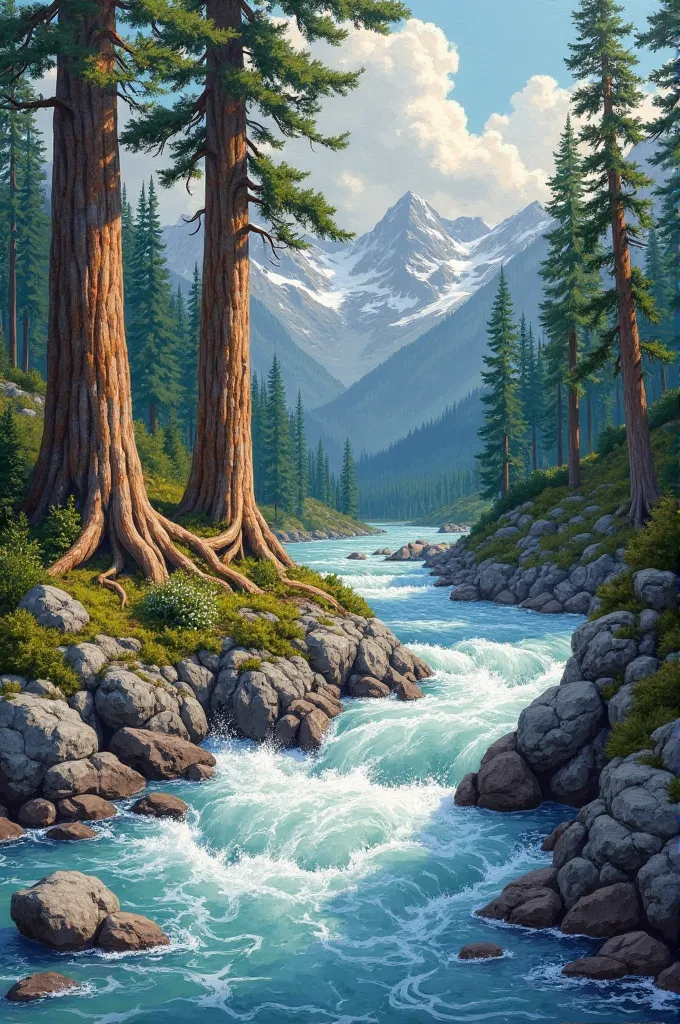 Handmade painting of alpine trees and their roots touching River,white water river, rafting, rocks 