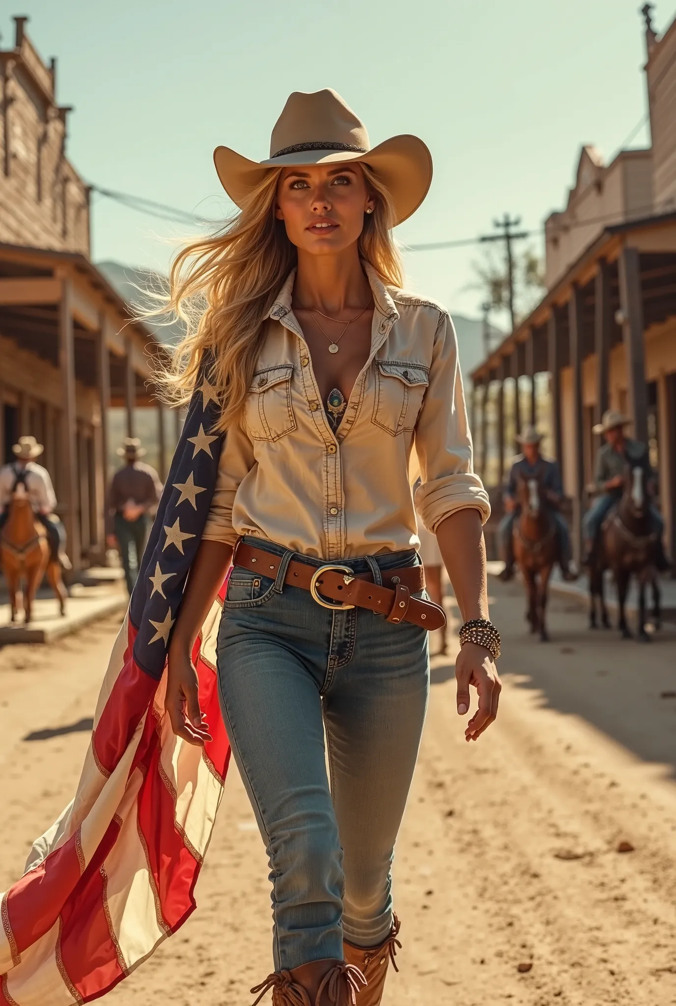 a beautiful blonde woman wearing tight jeans, boots and a cowboy hat walking in a Texan town carrying the flag of the United States