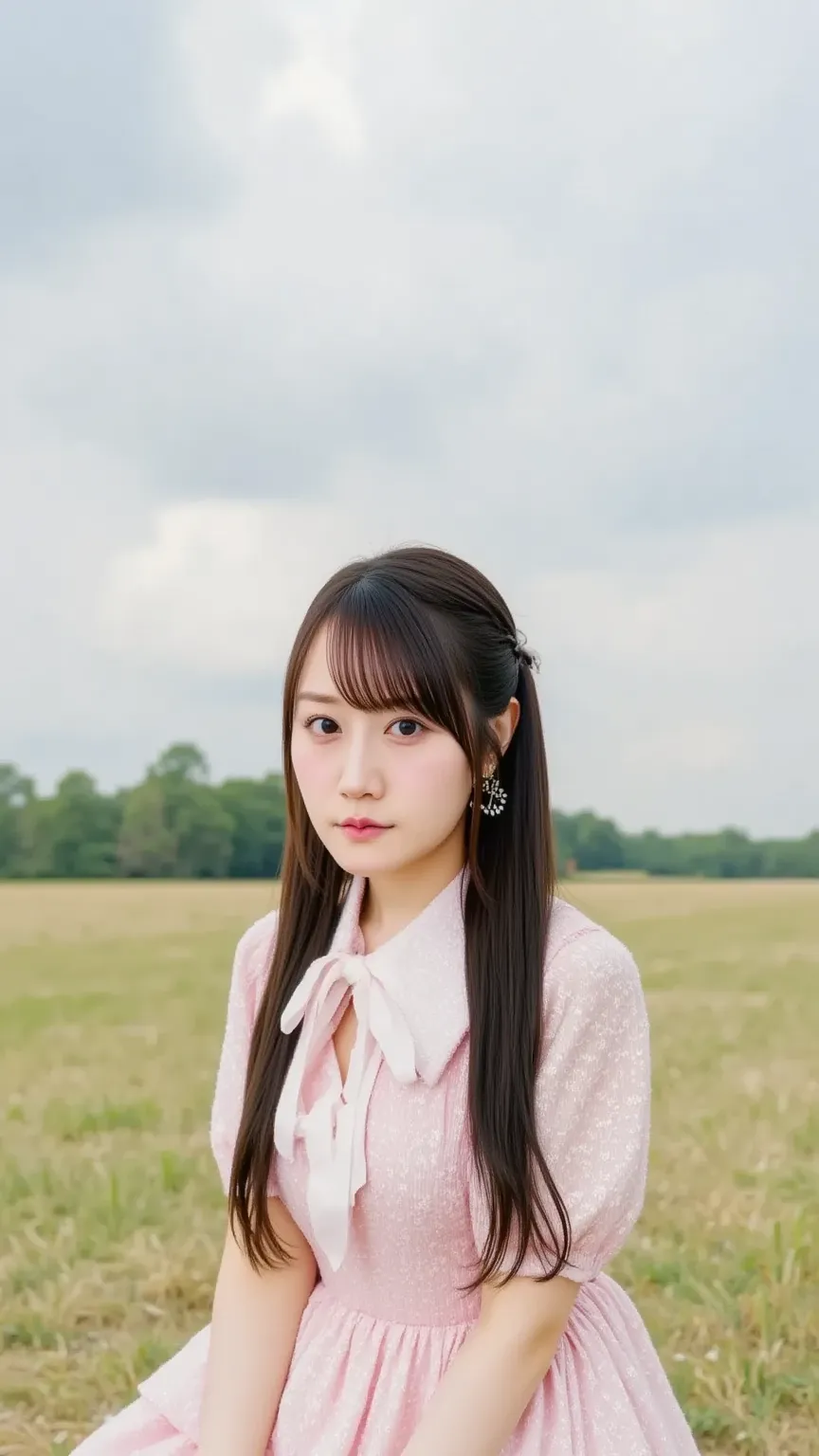 「 brighter、A slightly clumsy natural woman。wearing a soft pink dress、and an expression showing a bit of confusion while smiling。The background is a prairie under a cloudy sky。」
