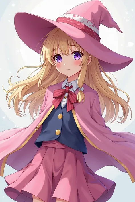 purple eyes, blonde hair, school uniform, witch, pink witch hat, pink skirt, capelet, anime screencap, solo, 1girl