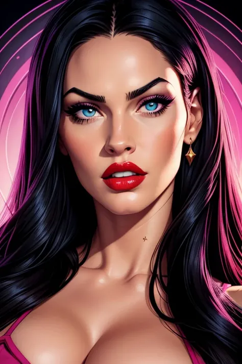 A portrait of a beautiful female whose facial features are a combo of Megan Fox + Aria Giovanni. The female's hair is untied and hangs loose. The female has lovely makeup on her face. The female wears red lipstick. Comic-style realism animation mixed with ...