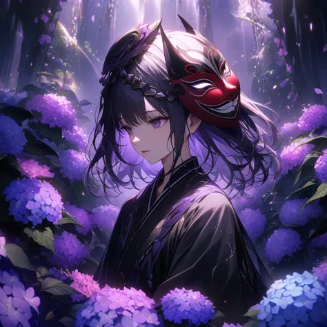 ((I'm wearing a Yaokai mask on my head)), fox, 1 girl, ((8k)), ((Hi-Res))、Purple Background、 black kimono、Hydrangea