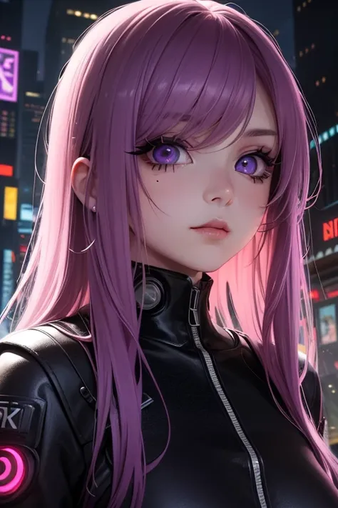 anime girl, beautiful face, beautiful purple eyes, beautiful long purple hair, looking at the viewer, charming gaze, cyberpunk style, cyberpunk city background, (eye detail), (face detail), (body detail), (background detail), (masterpiece)