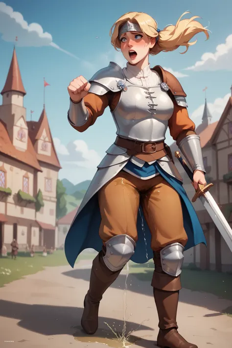 8k high resolution, best quality, 20 years old, dutch girl, blonde hair, medieval times, female mercenary, wearing a simple gambeson and rusty chestplate, battle in backround, very nervous, peeing herself, peeing her armor, pee running down her legs, wetti...