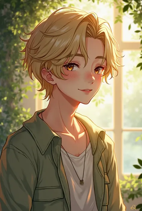 A cute anime boy with blonde hair and a sweet smile, around 20 years old, a bit manly, but still cute when looking at him. 