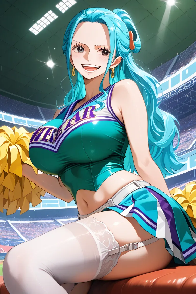      laughing while sitting ,   alone,  we  \(    One Piece\Mrs), anime character_Mrs   細いウエスト  ,     Underbust with a Humiliating Face,     Thigh-long socks  ,  big breasts ,((    beautiful eyes)),       expressionless     ,(( cheerleader  )),  dance,smil...