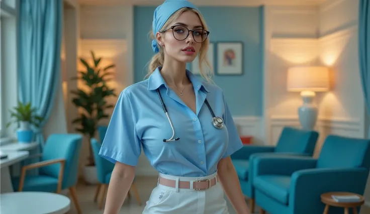 In the cozy ambiance of a patient lounge with warm blue accents, a full-body portrait showcases a stylish nurse in her 40s wearing an oversized light blue shirt, loosely tucked into a belted white pencil skirt that accentuates her long, slender legs. Compl...