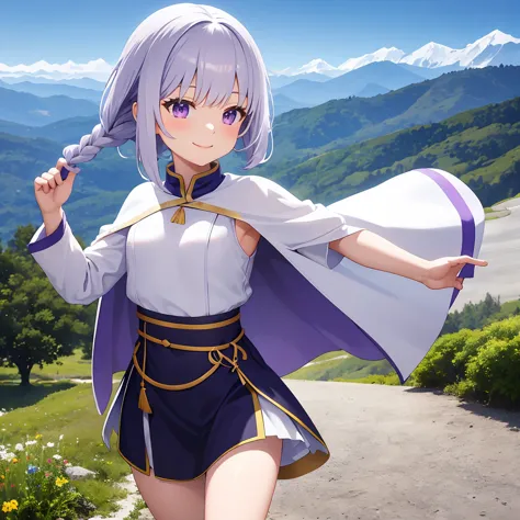 white ancient Greek-like tunic　Purple Cape　Grey Hair　PURPLE thin highlights　Thin purple extensions with bangs 　white ancient Greek style clothes with braids on the left 　bob hair　Light purple eyes　smile　Running in the mountains　solo　 young　 elementary scho...