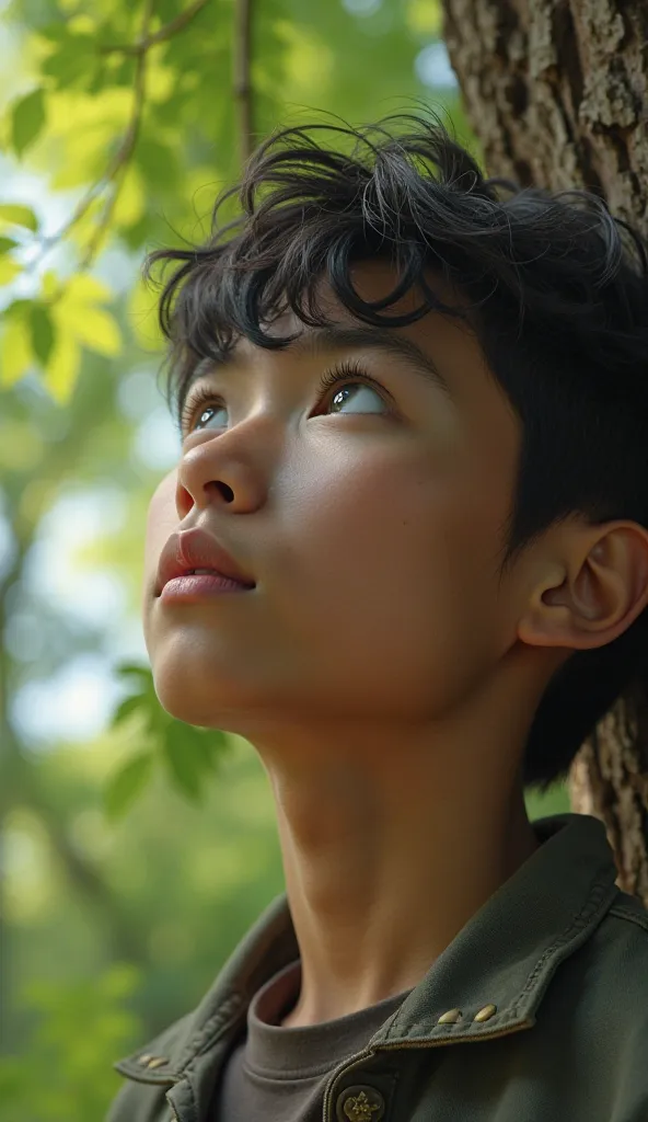 "An image of a close-up view of the face of a young 18- to 20-year-old looking carefully at the tall tree he has chosen. Sunlight wafts through the foliage and reveals a calm but resolute atmosphere."