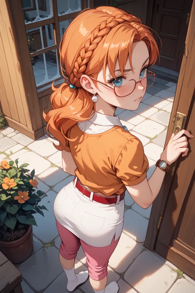  Candice Flynn,  orange hair, wide,  irritated, blushed, In the courtyard of your house , Orange blouse, White Skirt,  pink pants , white socks that are up to the thigh, From above, Give me back , raise your butt, WATCH. Red Belt. 