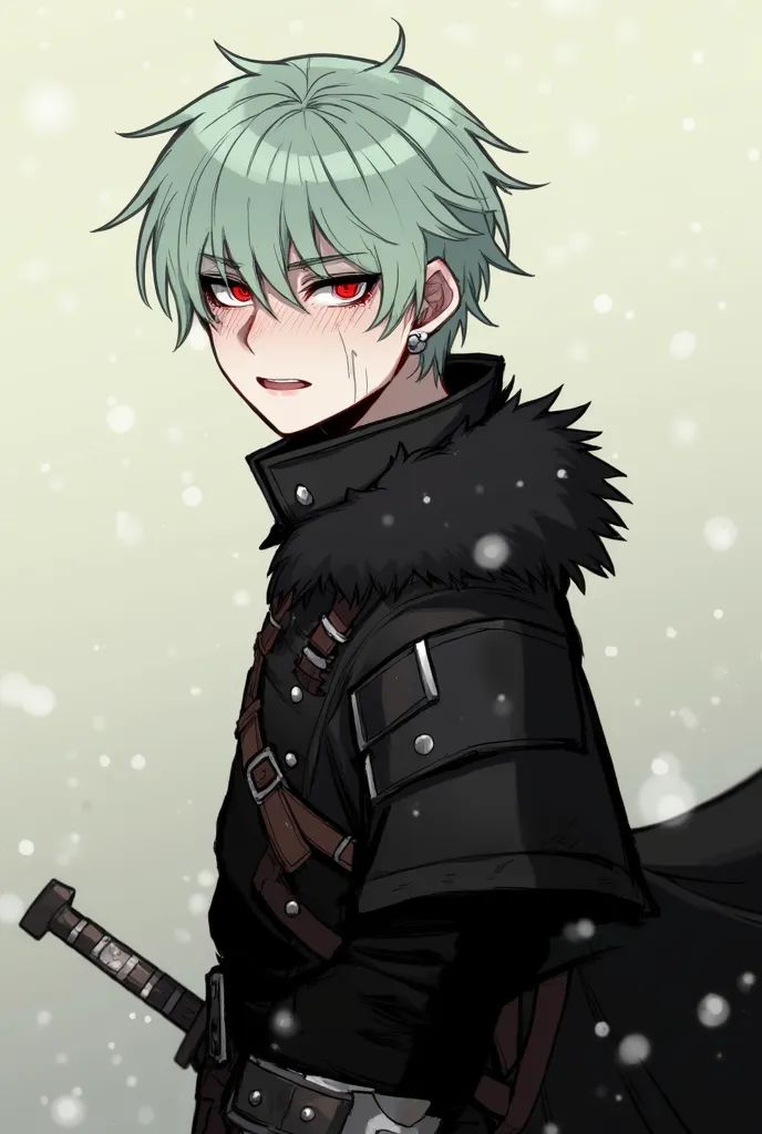 score_9, score_8_up, score_7_up, score_6_up, score_5_up, score_4_up, , 1male , mid 20s, battle-hardened appearance. He has messy, dark green hair and intense, piercing red eyes that convey a cold and serious demeanor. His face is set in a determined expres...