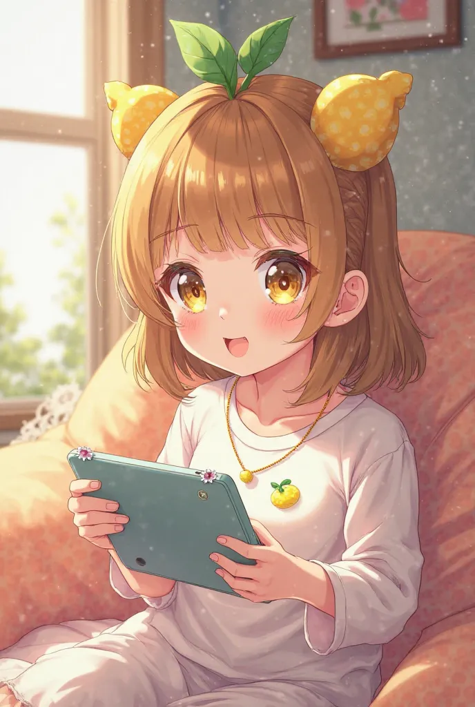 Cute anime lemon girl Playing online games in tablet for profile picture