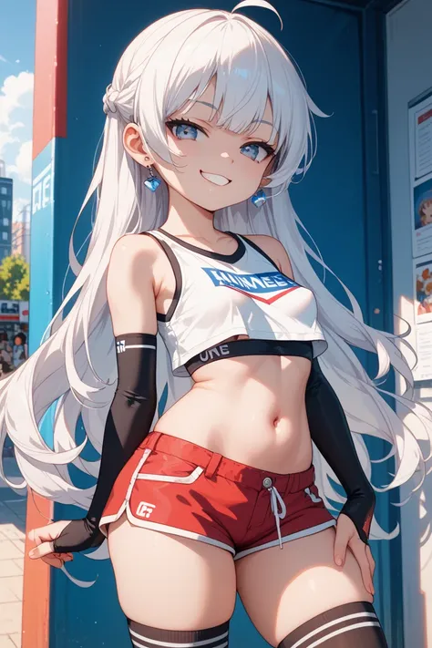  score_9,  score_8_up,  score_7_up, masterpiece, Highest quality, very sexual poses,change, Erinkle ,1 girl, Alone,  white hair, long hair, looking towards the viewer, Skin irregularities, ,  smug , Lewd smile, small breasts, crop top,  shorts, Hip,  thigh...