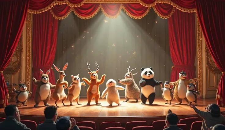 generate the image of some other animals dancing on the stage in a cinema