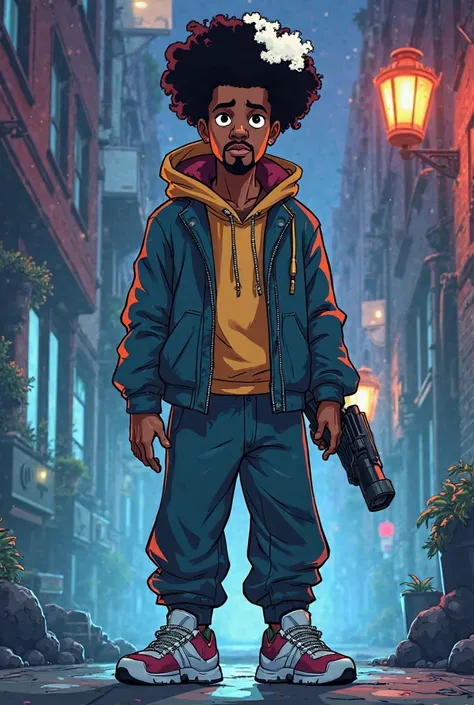 A black man in his late 20s, 6foot tall, fit, nappy afro with white highlights, mysterious, and gadget maker, has hi tech gadgets on him, moody, baggy clothes, small beard, has amnesia, was a beloved hero with hi tech gadgets made by himself who was though...