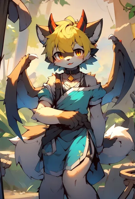 score_8_up, score_7_up, score_6, source_furry, source_anime, ((furry, kemono, anthro)), solo, solo focus, furred_dragon, long fur, fluffy fur, wings, membranous wings, fluffy tail, horn, black body, light orange eyes, gold hair, revealing clothes, dress, c...