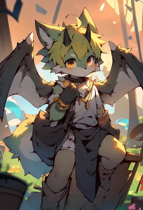 score_8_up, score_7_up, score_6, source_furry, source_anime, ((furry, kemono, anthro)), solo, solo focus, furred_dragon, long fur, fluffy fur, wings, membranous wings, fluffy tail, horn, black body, light orange eyes, gold hair, revealing clothes, dress, c...