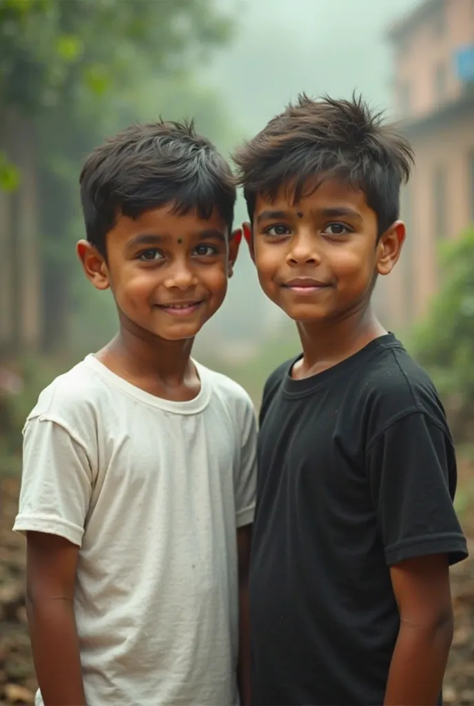 Tne young two boy the first boy White tea'surt name (ujagar)and second boy black tea'surt    name(chhotu) the background cinematic full hd quality image