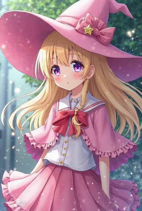 purple eyes, blonde hair, school uniform, witch, pink witch hat, pink skirt, capelet, anime screencap, solo, 1girl