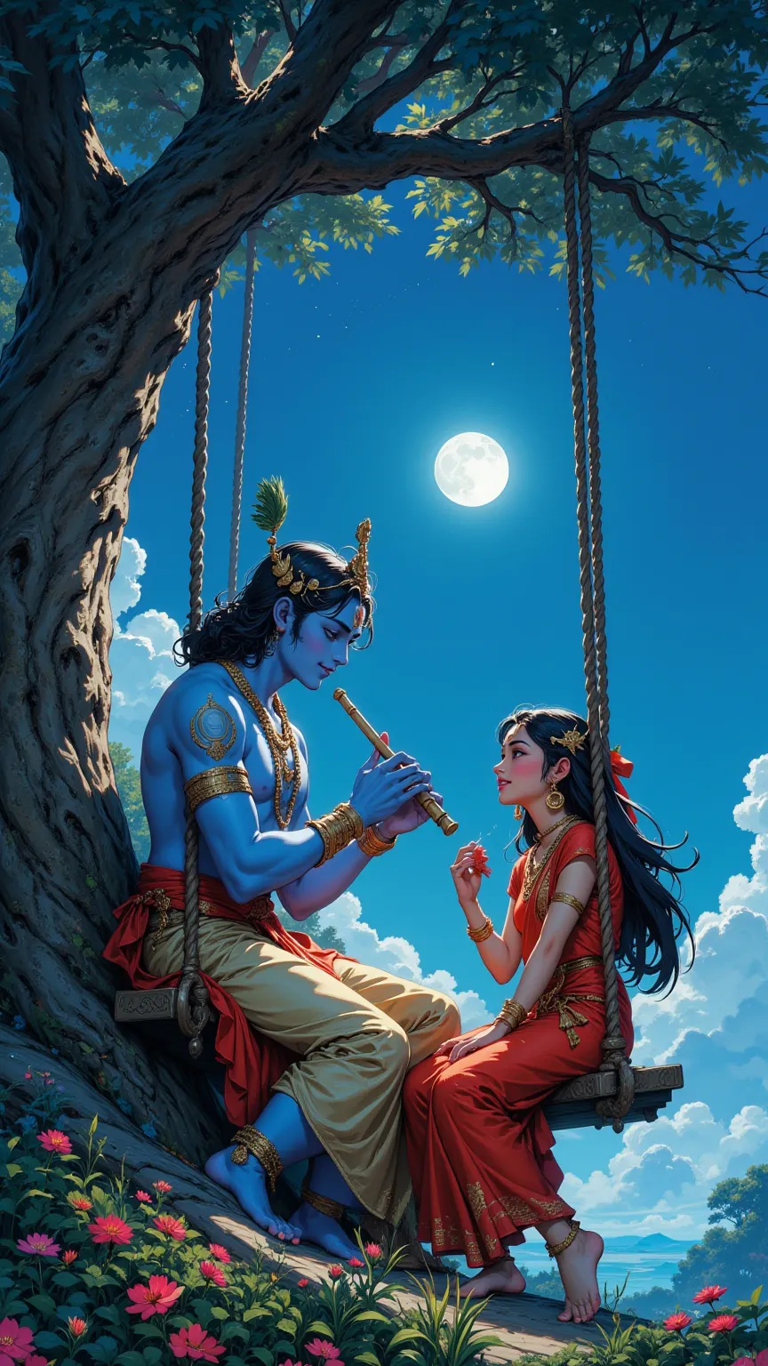 A cute  couple god Krishna playing flute and cute radha listening with smile on beautiful place, looking each other, on sky a moon light is beautiful,  a side big giant tree ancient , a Krishna body is blue Soft skin, romantic, on hanging tree Playing swin...