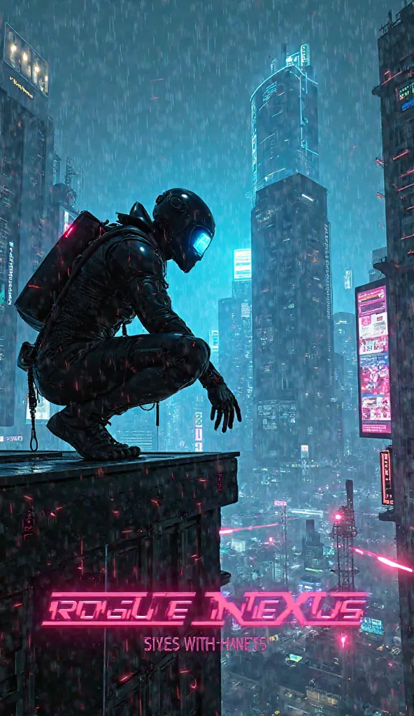 A dark, cyberpunk-style poster for 'Rogue Nexus'. The scene depicts a futuristic megacity at night, with neon-lit skyscrapers, glowing billboards, and a digital rain effect. In the foreground, a lone cyber-enhanced operative in a sleek black stealth suit c...