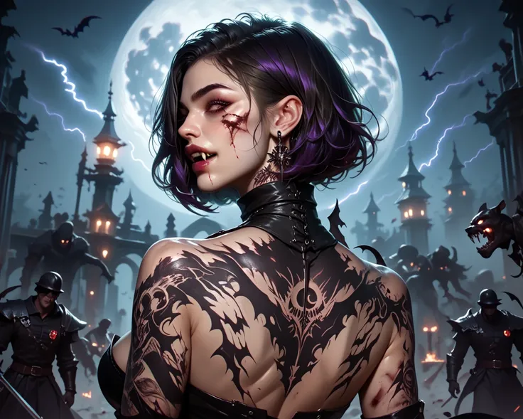 sexy nude female silhouette, short bob cut, vampire, showing fangs, bloody lips, rear view, long view, walking across a vast wreckage strewn battlefield, large broken moon background, stormclouds and purple lightning